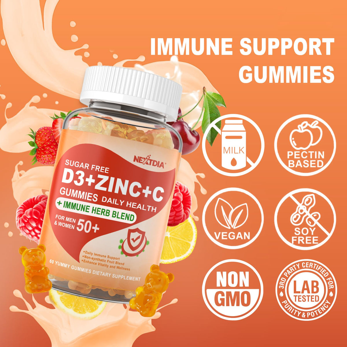 Nextdia Gummies Vitamine C D3 Zinc 50+ vue de l'arrière de l'emballage