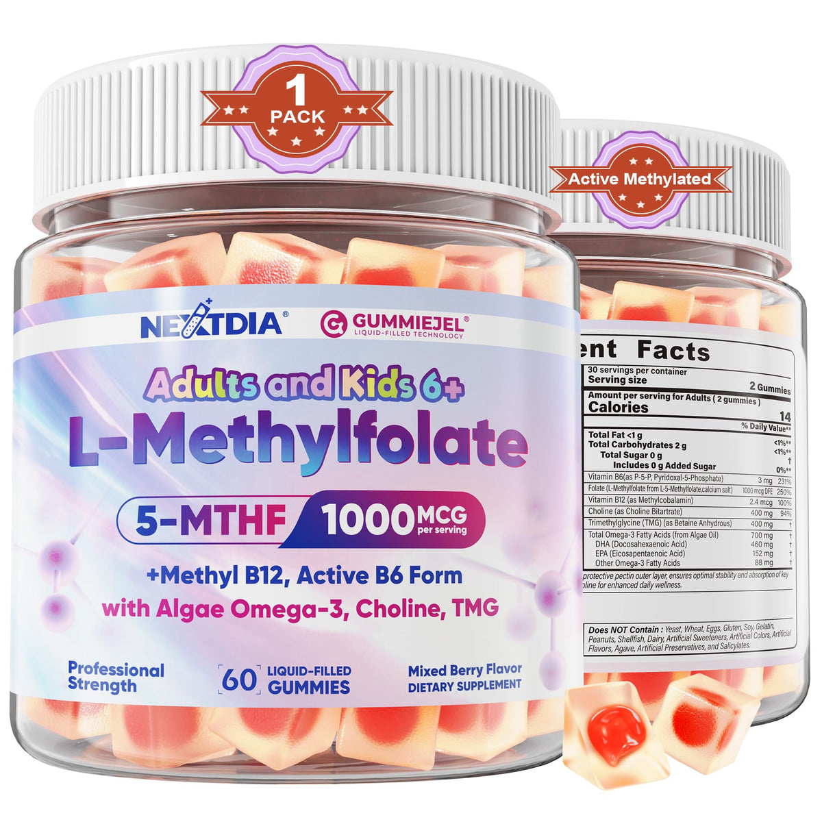 Nextdia L-Méthylfolate 1000mcg Gummies, vue de face