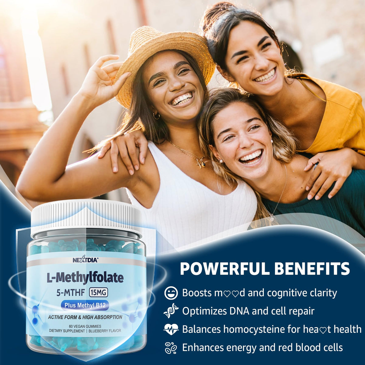Nextdia L-Méthylfolate 15mg Gummies B12 sur une table