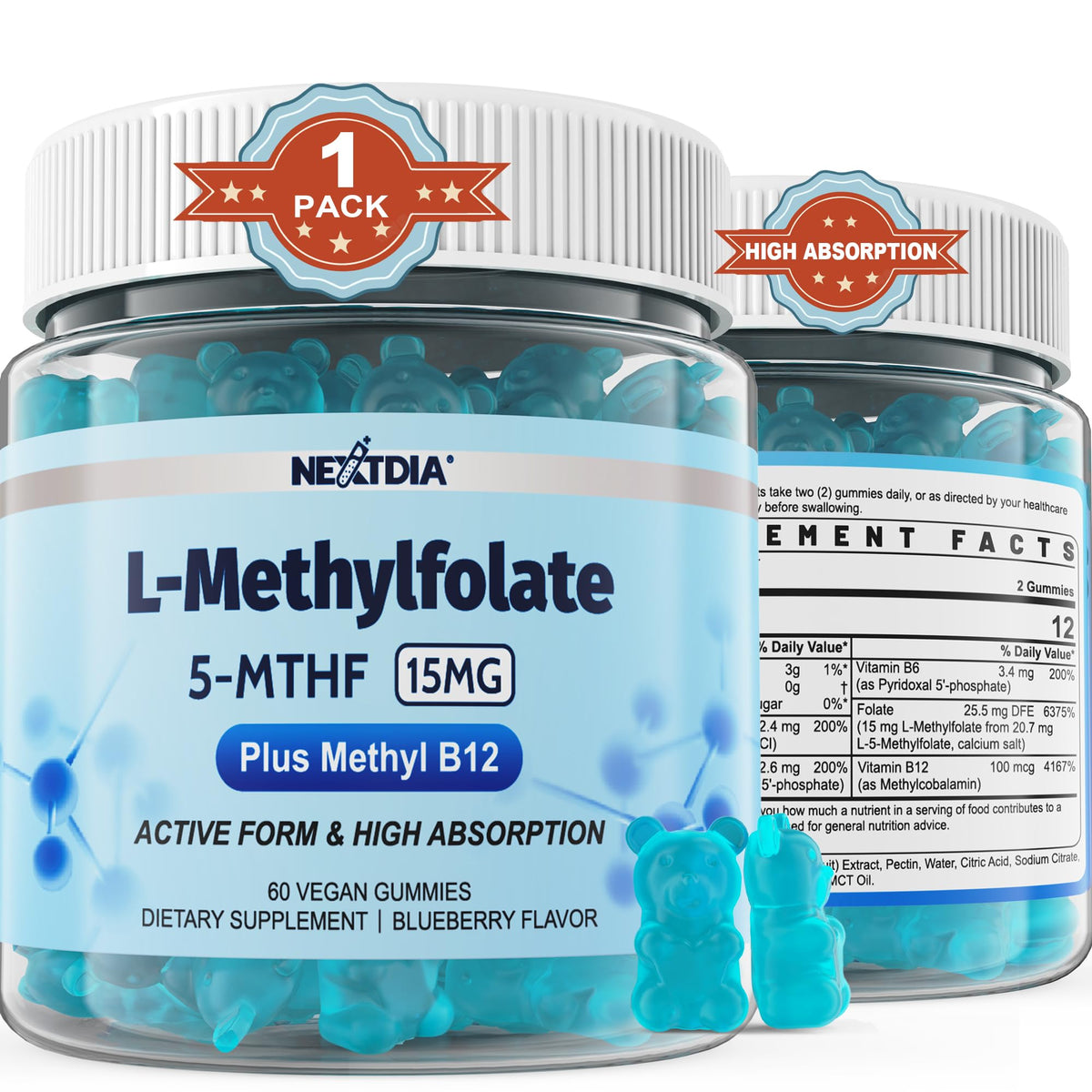 Nextdia L-Méthylfolate 15mg Gummies B12 vue de face