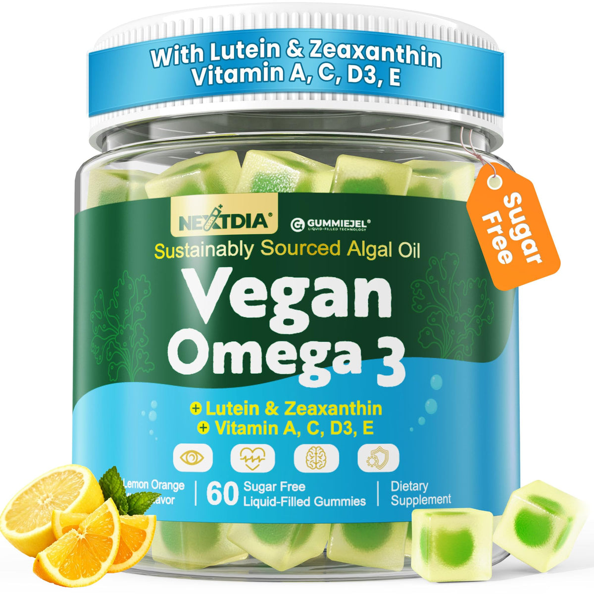Nextdia Omega 3 Gummies 1600mg pot avant avec étiquette colorée