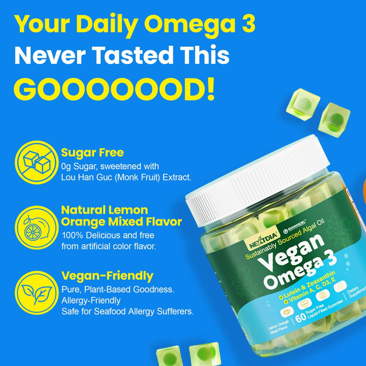 Nextdia Omega 3 Gummies 1600mg présentation avec des vitamines