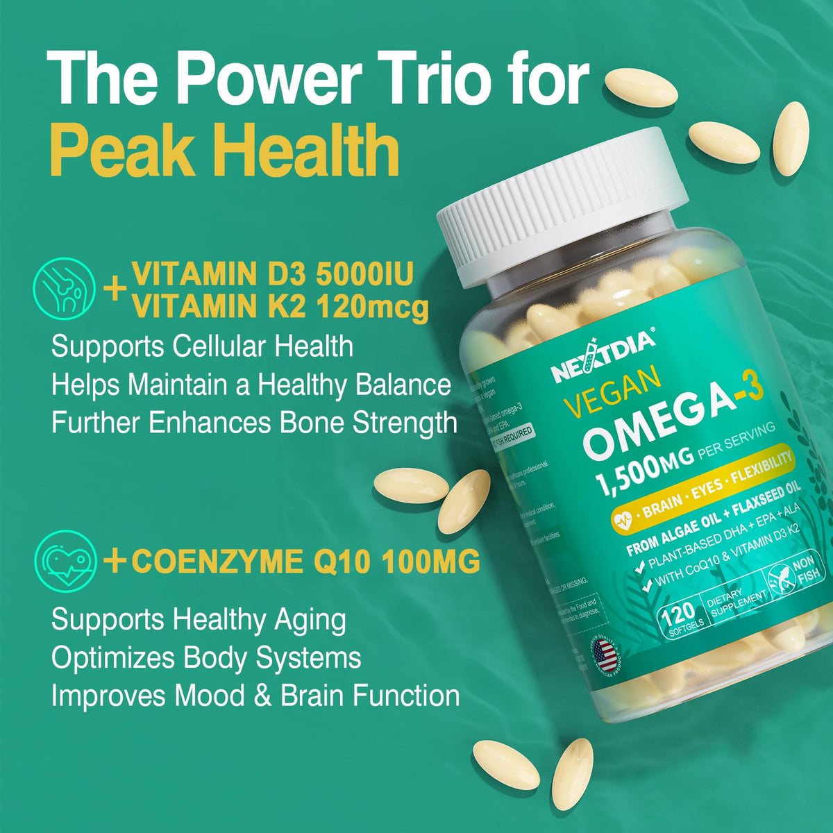 Nextdia Omega 3 Végétalien 1500mg gélules on a wooden table