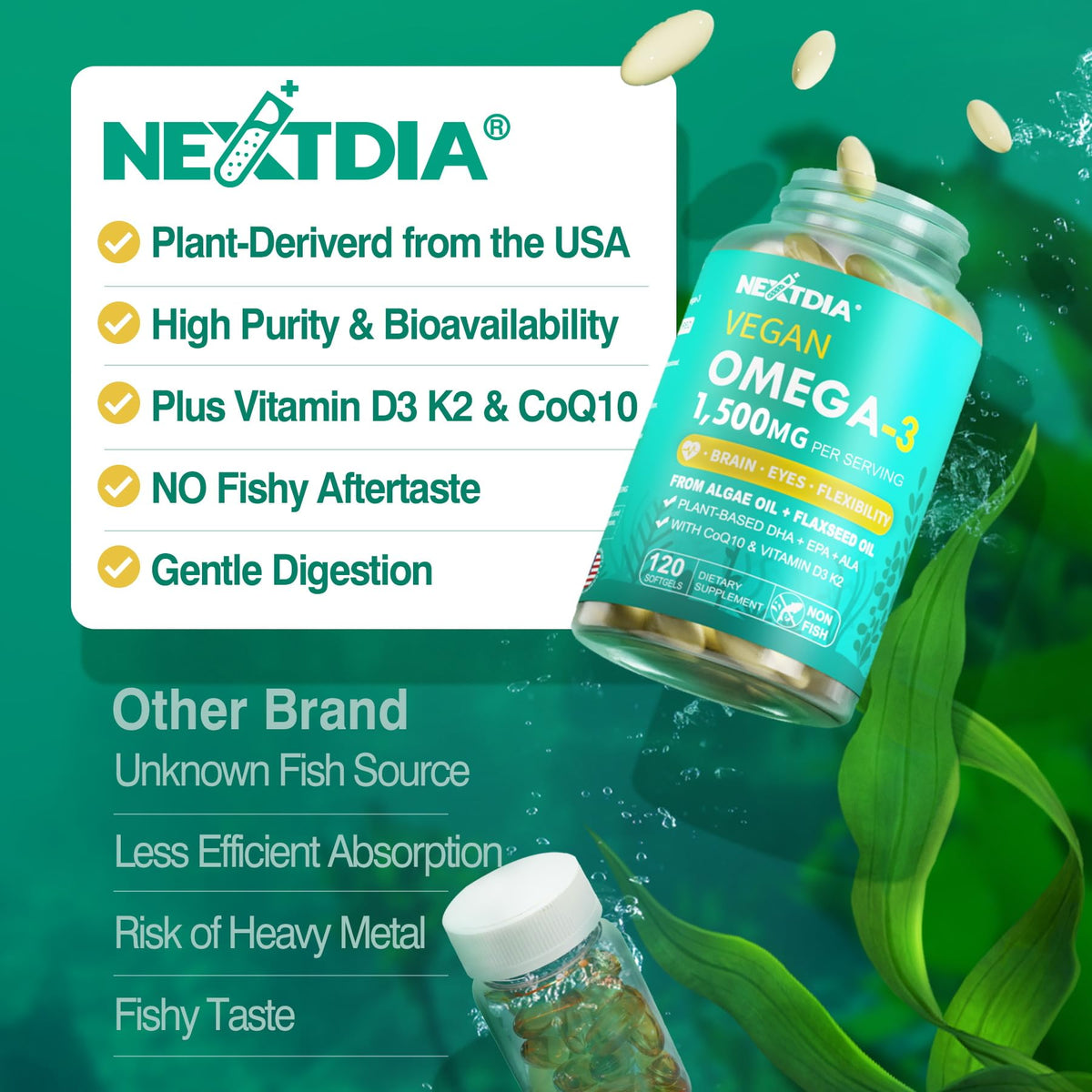 Nextdia Omega 3 Végétalien 1500mg gélules with green leaves