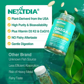 Nextdia Omega 3 Végétalien 1500mg gélules with green leaves
