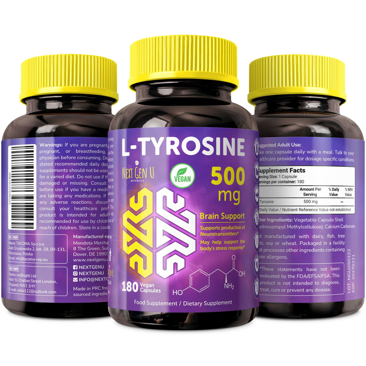 NGU Next Gen U L-Tyrosine 500 mg 180 capsules front view