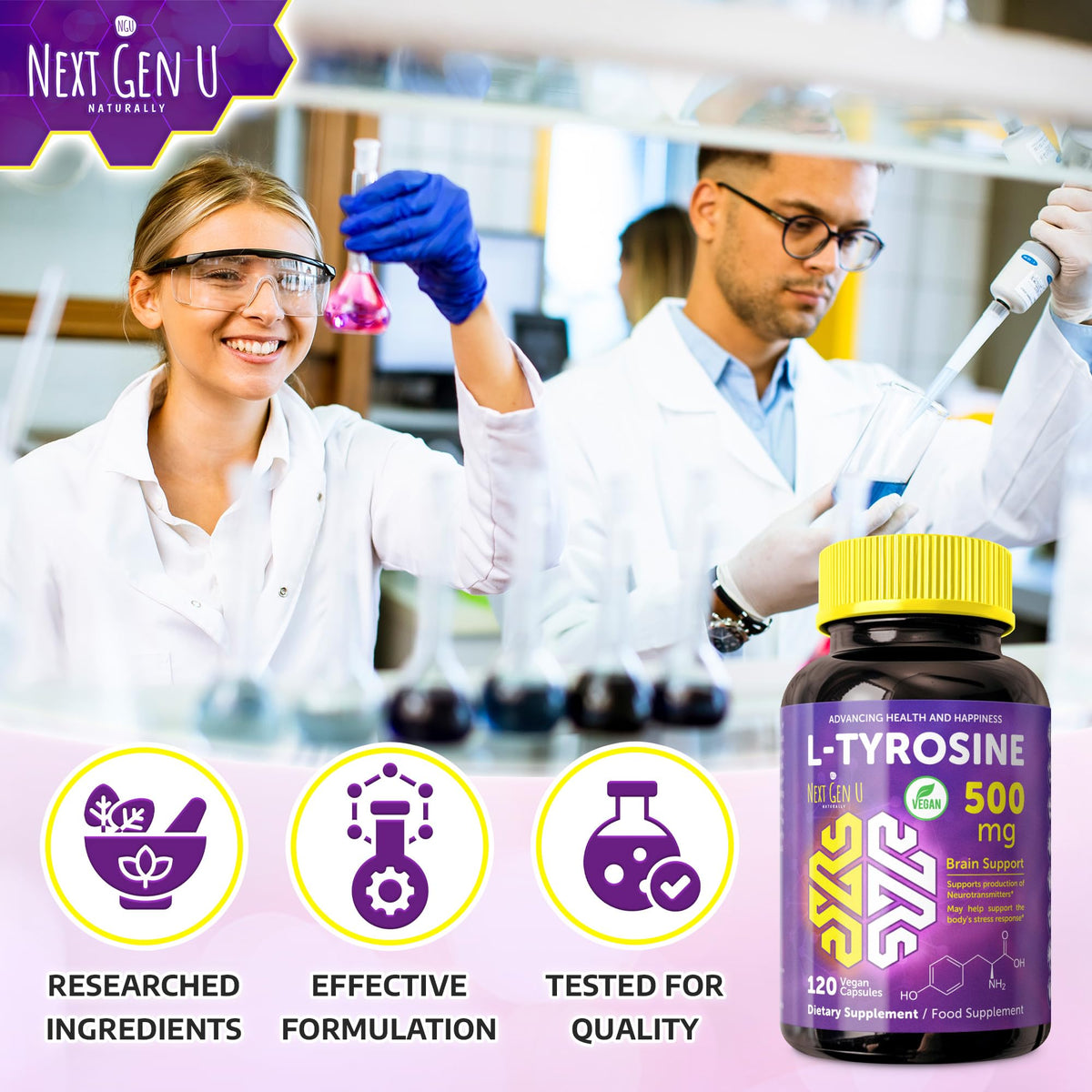 NGU Next Gen U L-Tyrosine 500 mg capsules végétales près d'un verre d'eau