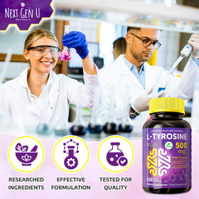NGU Next Gen U L-Tyrosine 500 mg capsules végétales près d'un verre d'eau