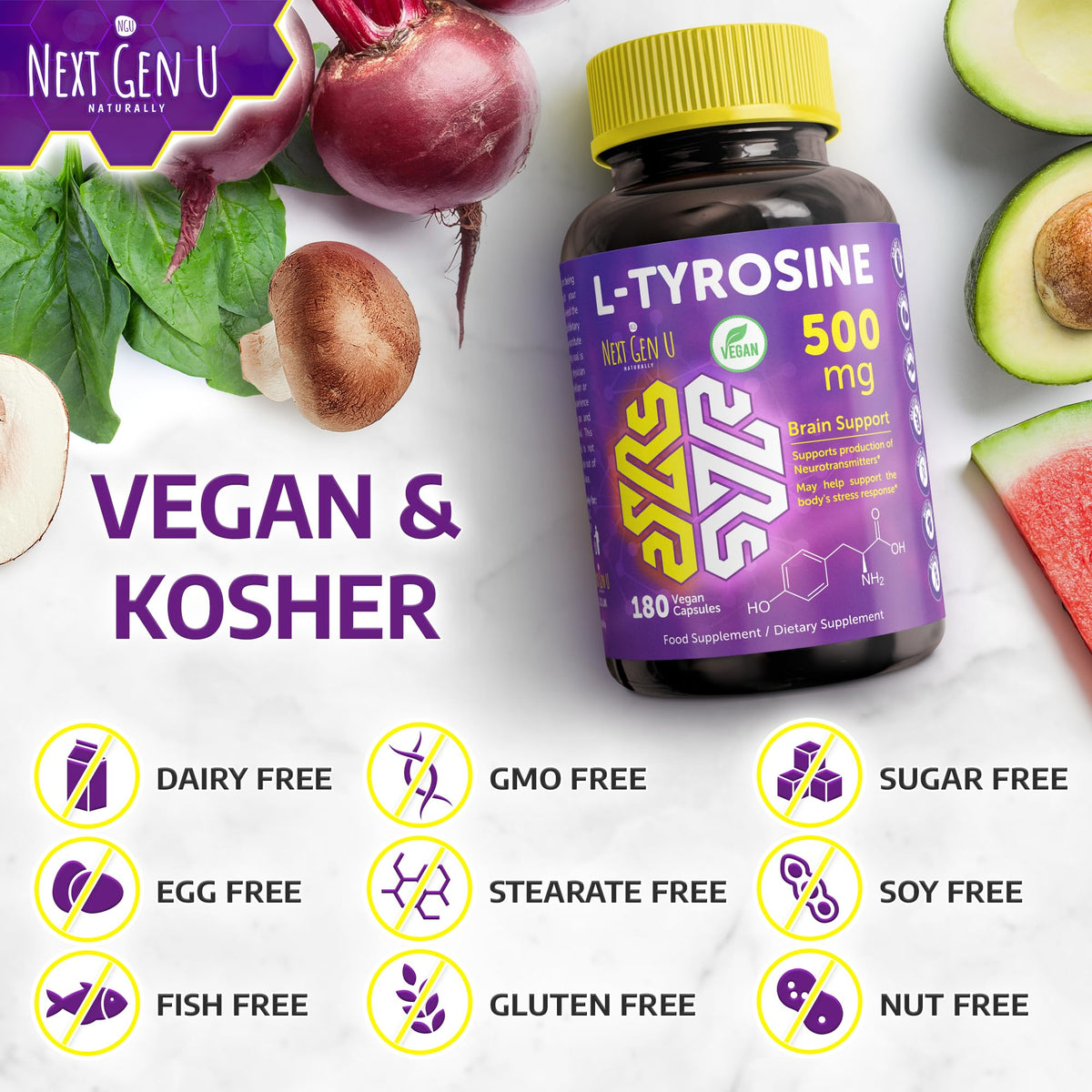 NGU Next Gen U L-Tyrosine 500 mg vegan capsules side view