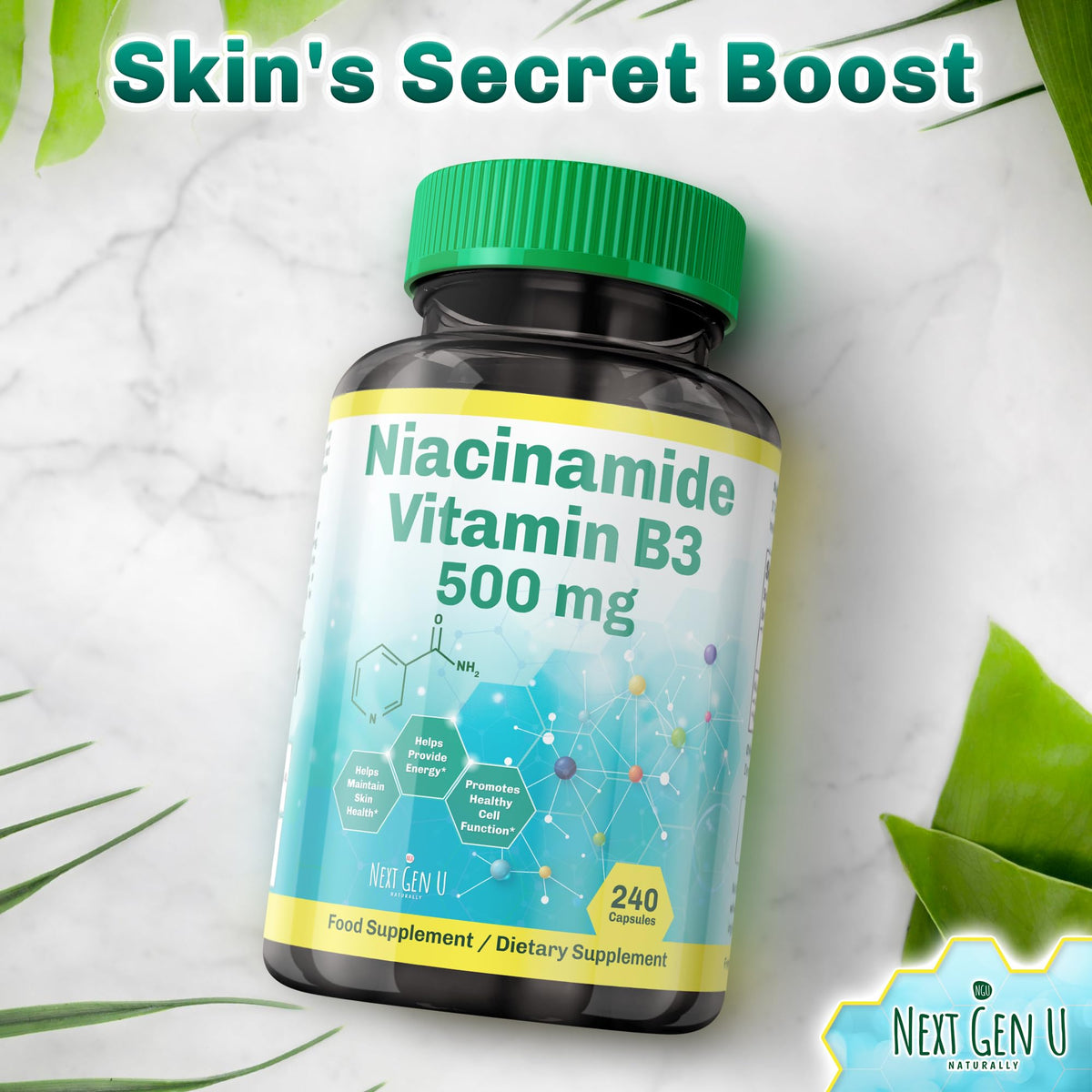 NGU Next Gen U Vitamine B3 500 mg 240 capsules ouvertes