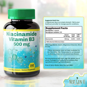 NGU Next Gen U Vitamine B3 500 mg 240 capsules sur fond neutre