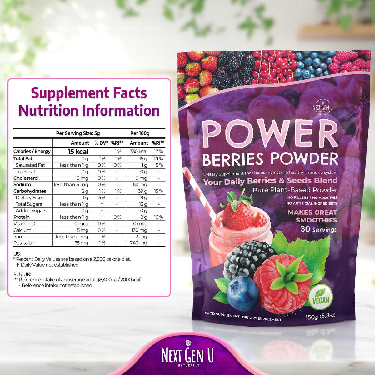 NGU Super Berry Powder 150g avec échantillons de fruits