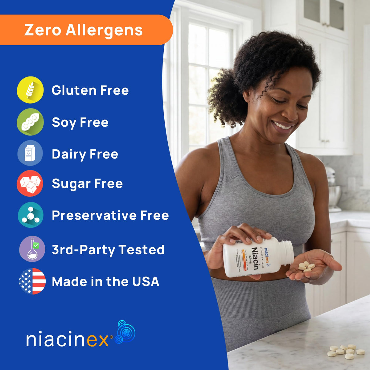 Niacinex Niacine 500mg sur une table avec d'autres suppléments