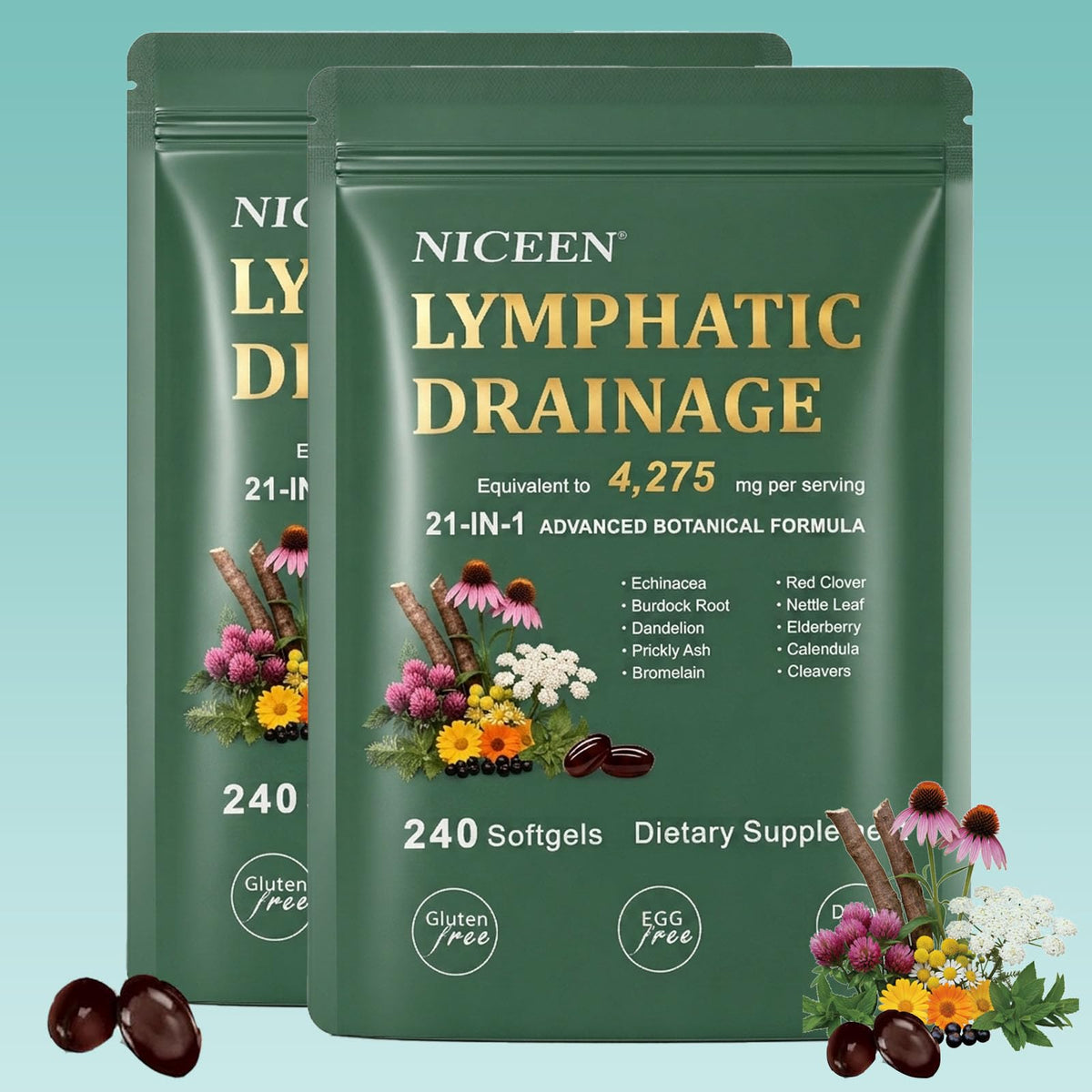 NICEEN Compléments Alimentaires Drainage Lymphatique 480 Gélules - vue de face