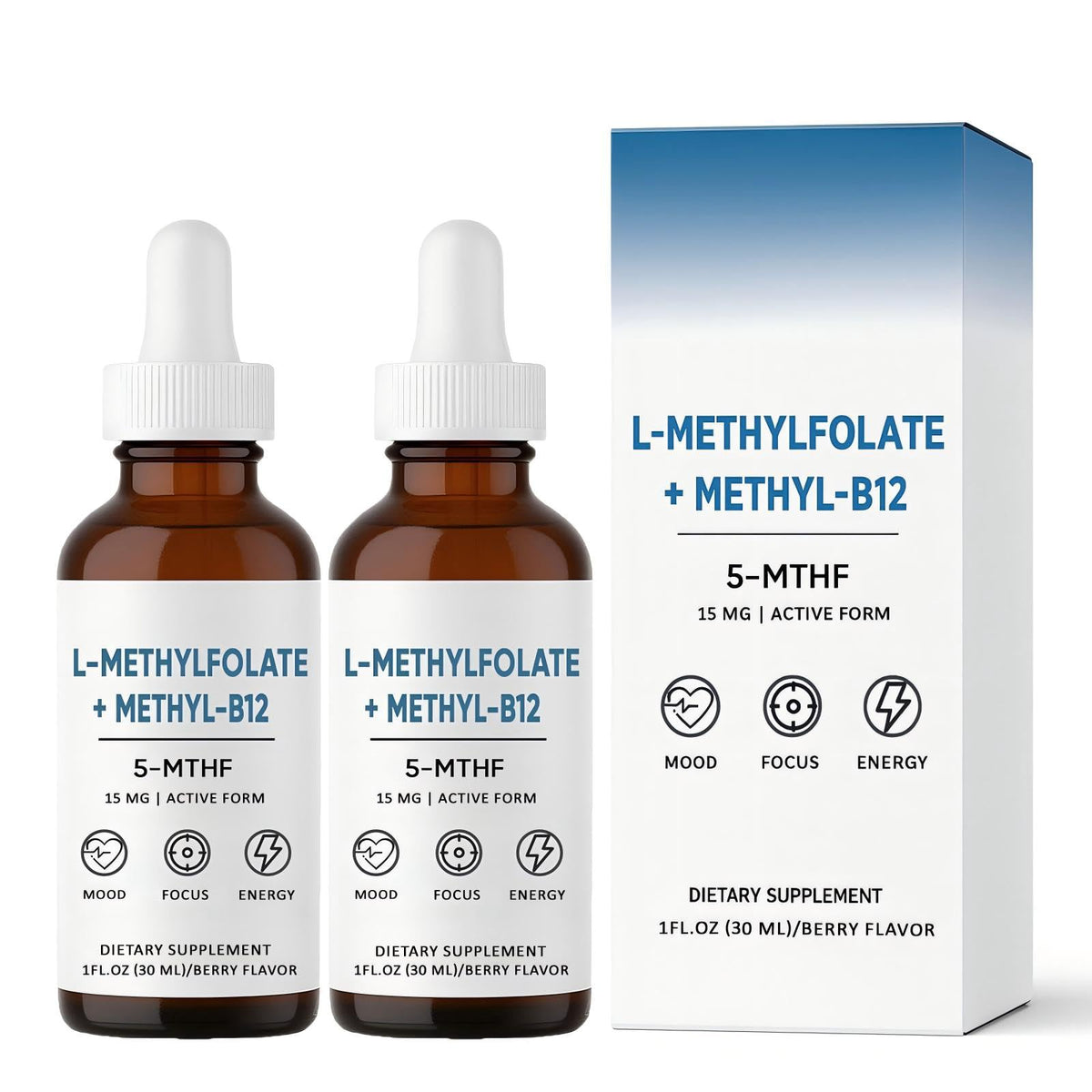 Nichalous L-Méthylfolate 15mg flacon de 1 fl oz, saveur baies