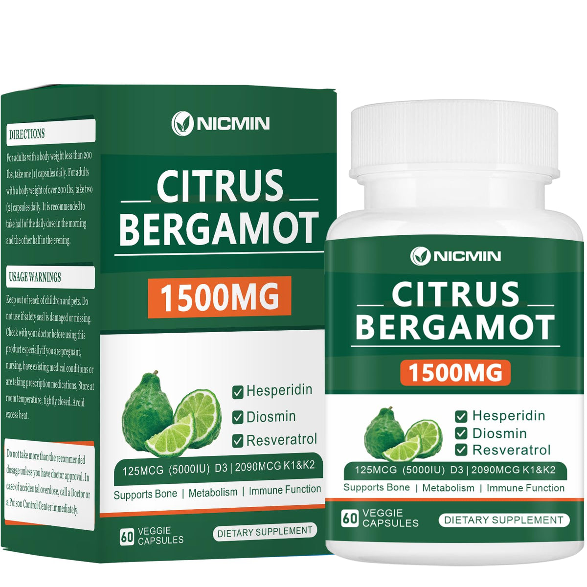 NICMIN Complément Alimentaire Bergamot 1500mg - Vue de face