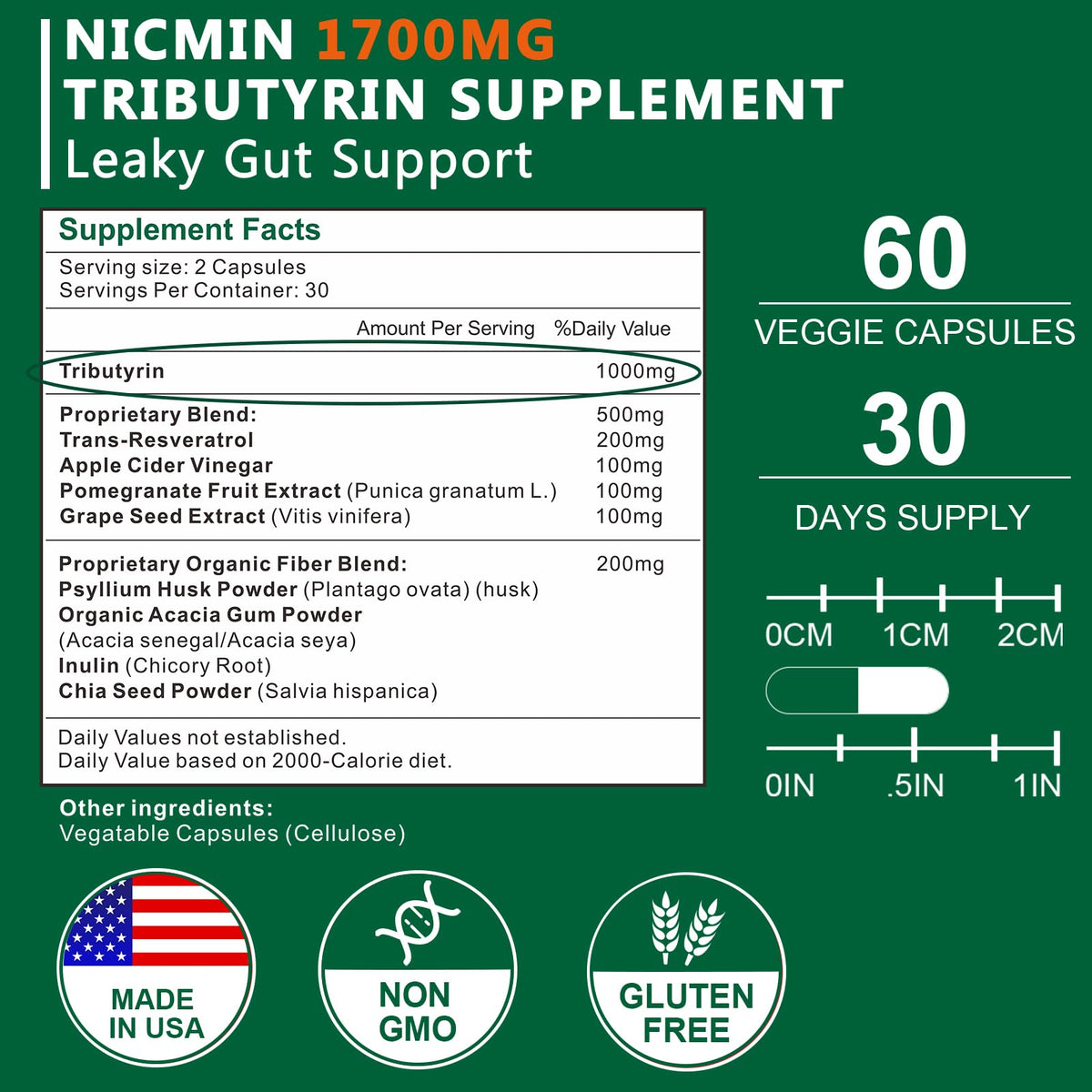 NICMIN Complément Alimentaire Tributyrine emballage et capsules