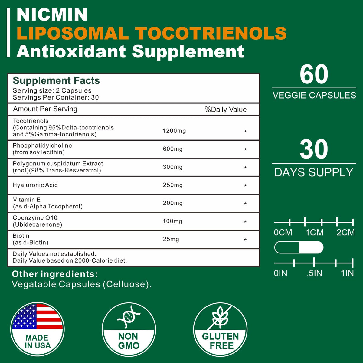 NICMIN Complément Alimentaire Vitamine E Tocotrienols 1200mg - étiquette avec ingrédients