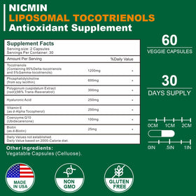 NICMIN Complément Alimentaire Vitamine E Tocotrienols 1200mg - étiquette avec ingrédients