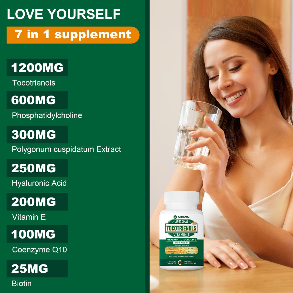NICMIN Complément Alimentaire Vitamine E Tocotrienols 1200mg - flacon ouvert avec gélules visibles