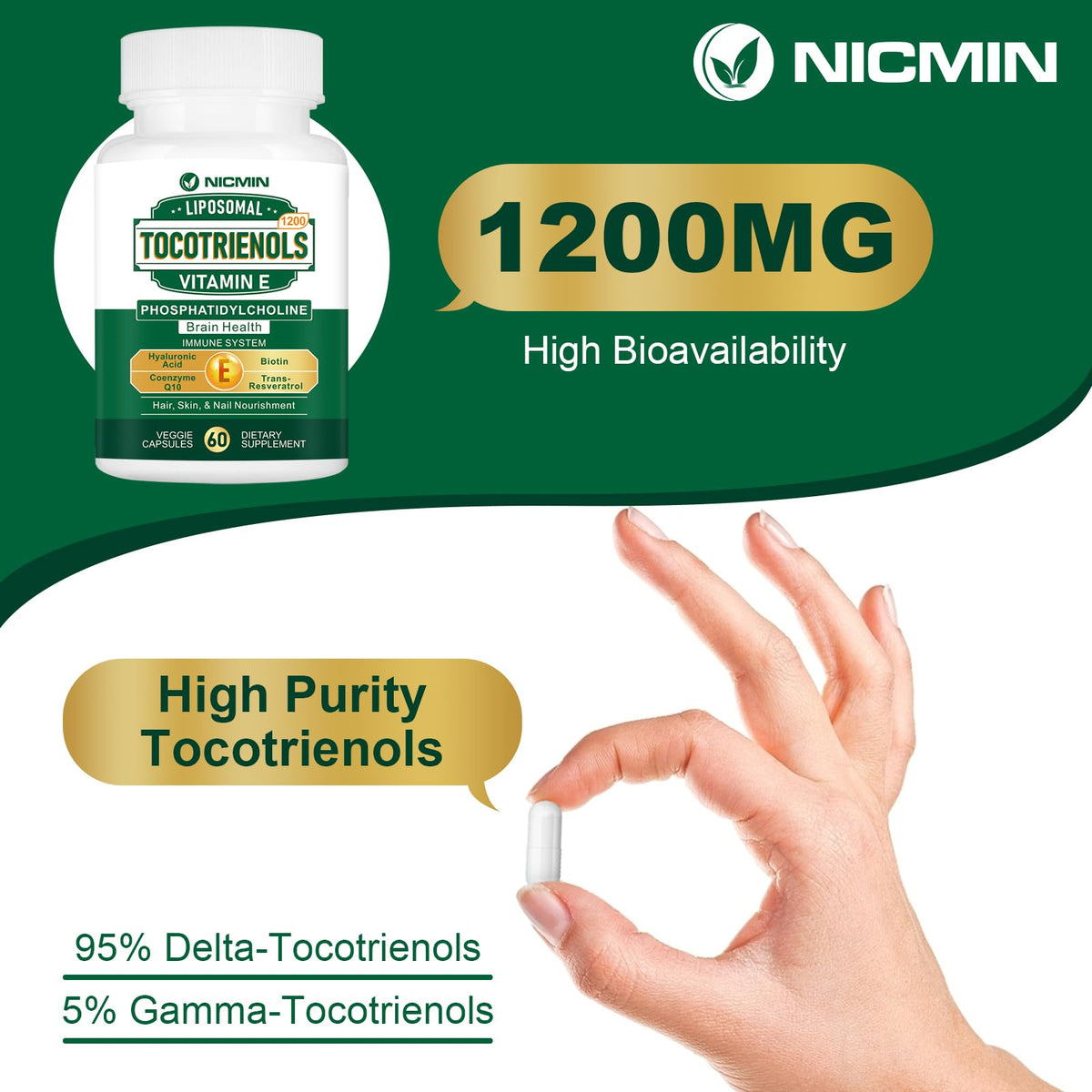 NICMIN Complément Alimentaire Vitamine E Tocotrienols 1200mg - gélules sur une surface blanche