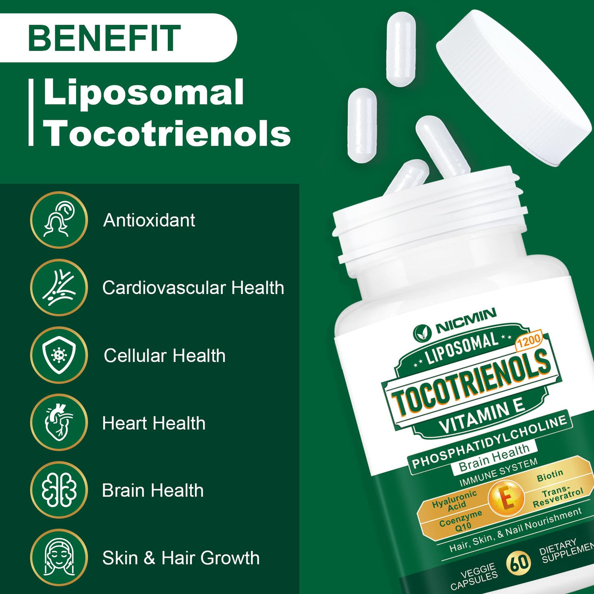 NICMIN Complément Alimentaire Vitamine E Tocotrienols 1200mg - vue de dos avec informations nutritionnelles