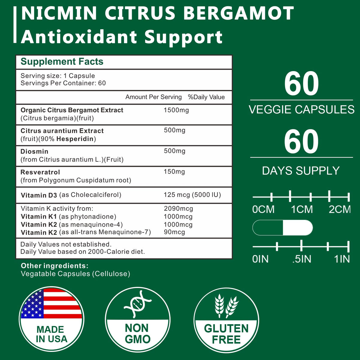 NICMIN Complément Bergamot 1500mg - Vue arrière de l'emballage