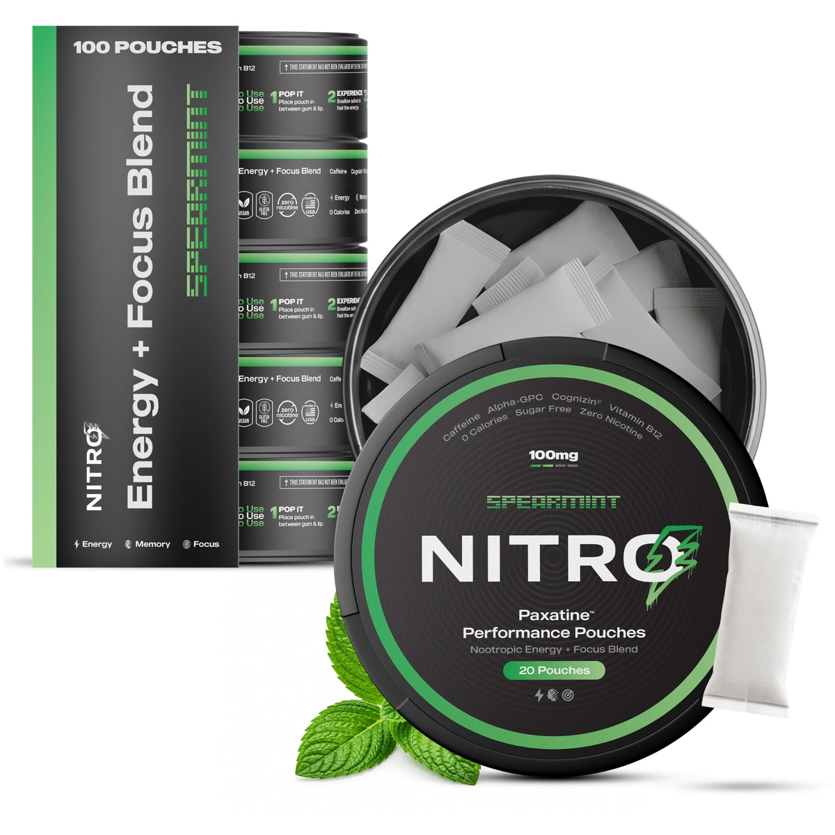 NITRO Pouches - Poches Nootropiques en vue de face, goût menthe