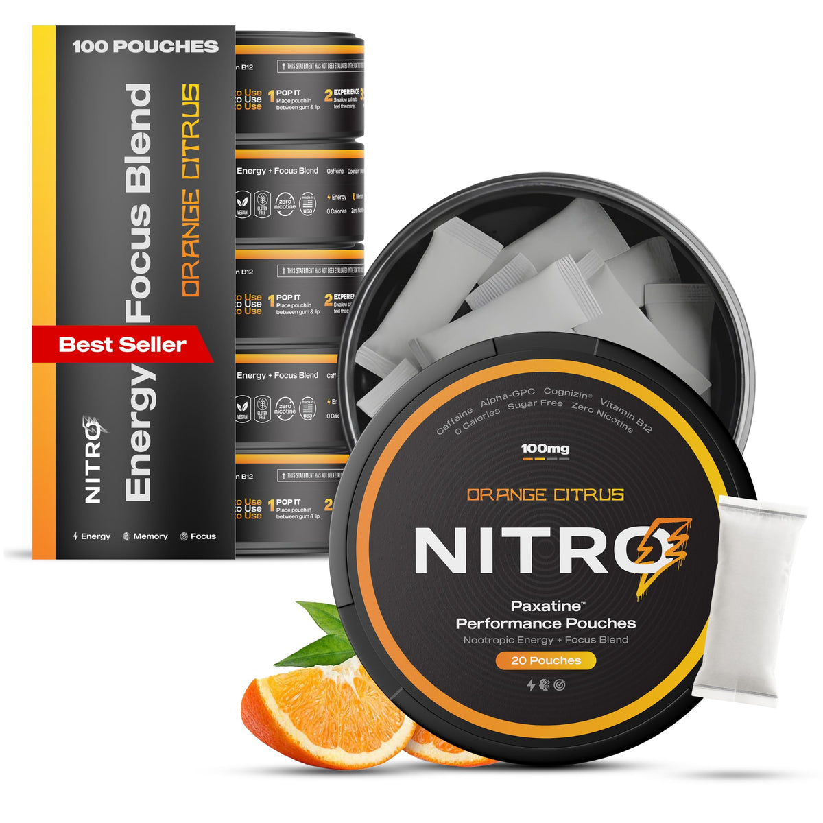 NITRO Pouches sachets nootropiques orange citrus, boîte de 20 sachets