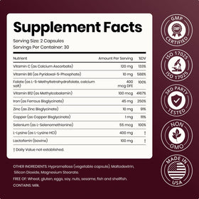 Nivara FerraVital Complex Ferritine capsules avec des ingrédients en arrière-plan
