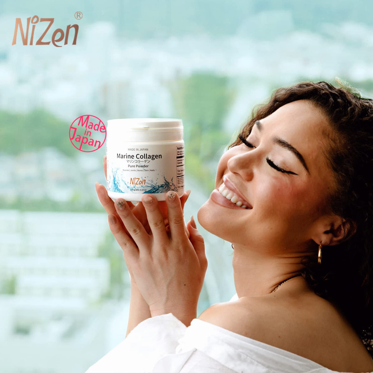 Nizen Poudre de Collagène Marin Pur 209g avec une cuillère à café à côté