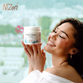 Nizen Poudre de Collagène Marin Pur 209g avec une cuillère à café à côté