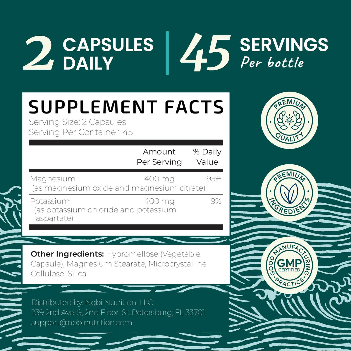 Nobi Nutrition complément alimentaire Magnésium Potassium 400mg, format et dosage
