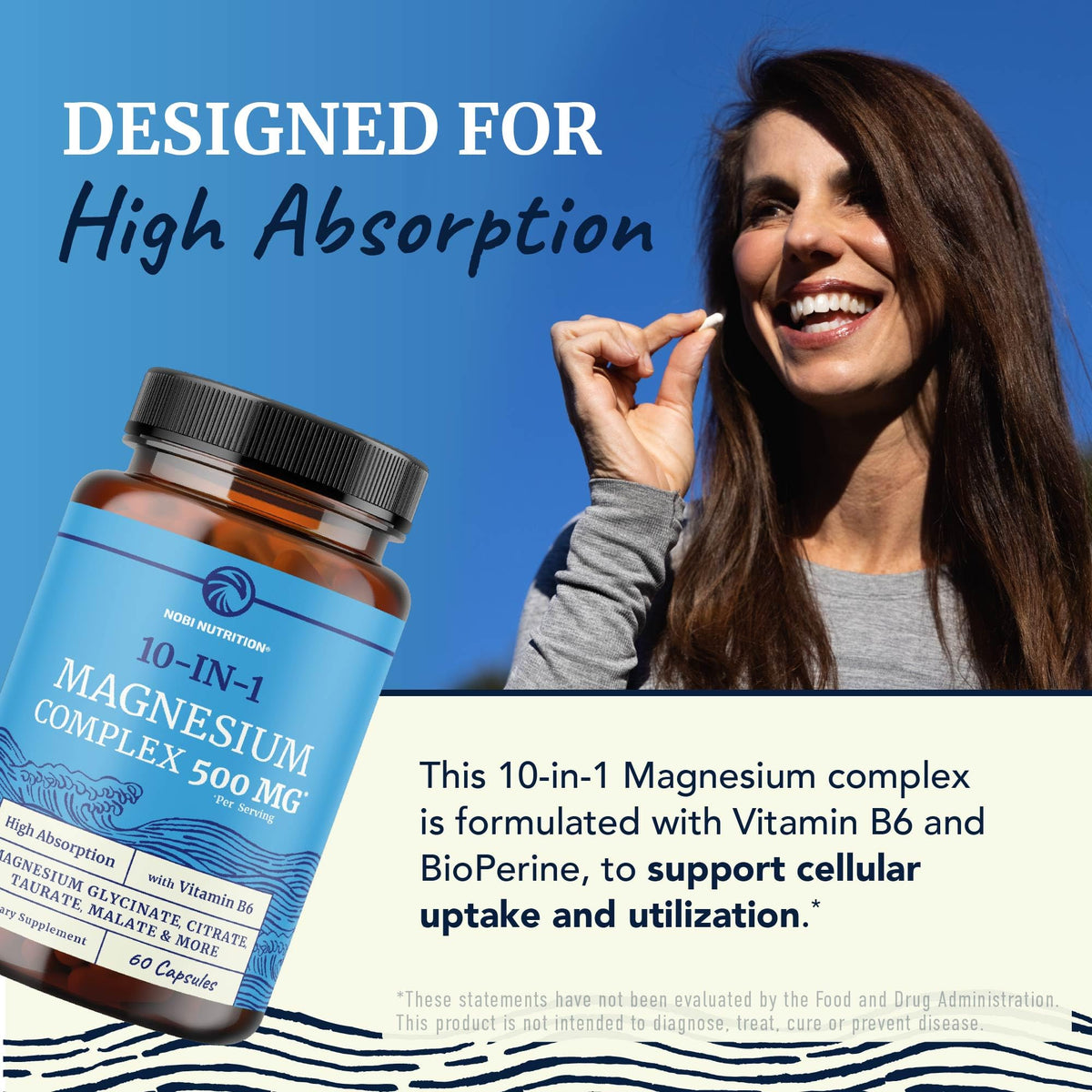 Nobi Nutrition Complément Magnésium 10 en 1 500mg sur un fond naturel