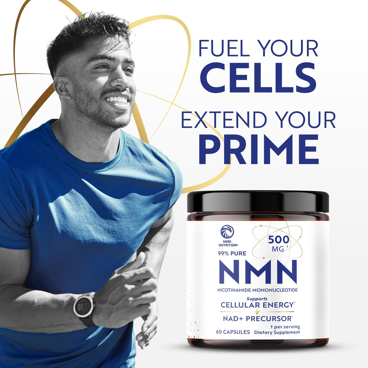 Nobi Nutrition Complément NMN 500mg avec un arrière-plan nature