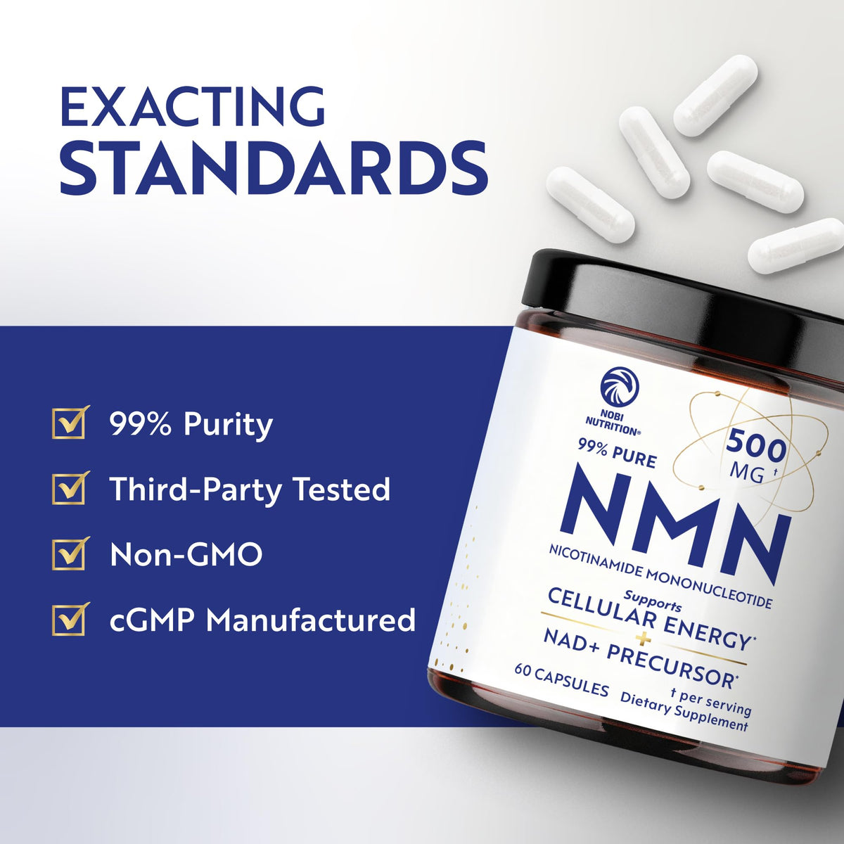 Nobi Nutrition Complément NMN 500mg sur une table avec un verre d'eau