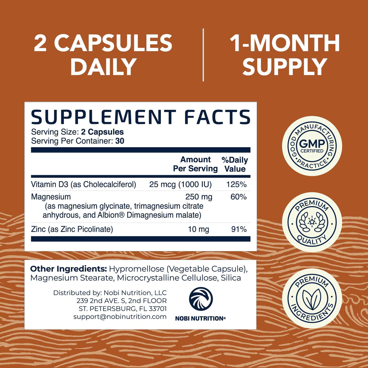 Nobi Nutrition complexe Magnésium Zinc Vitamine D3 260mg près d'un verre d'eau