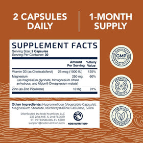 Nobi Nutrition complexe Magnésium Zinc Vitamine D3 260mg près d'un verre d'eau