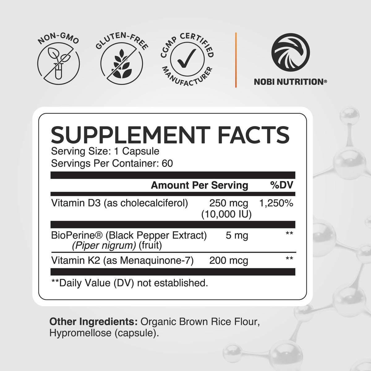 Nobi Nutrition D3 K2 10000 IU 200 mcg capsules avec dosage