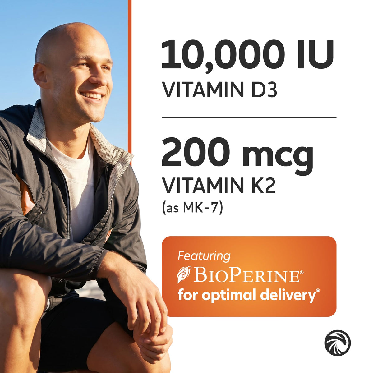 Nobi Nutrition D3 K2 10000 IU 200 mcg capsules sur fond blanc
