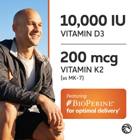 Nobi Nutrition D3 K2 10000 IU 200 mcg capsules sur fond blanc