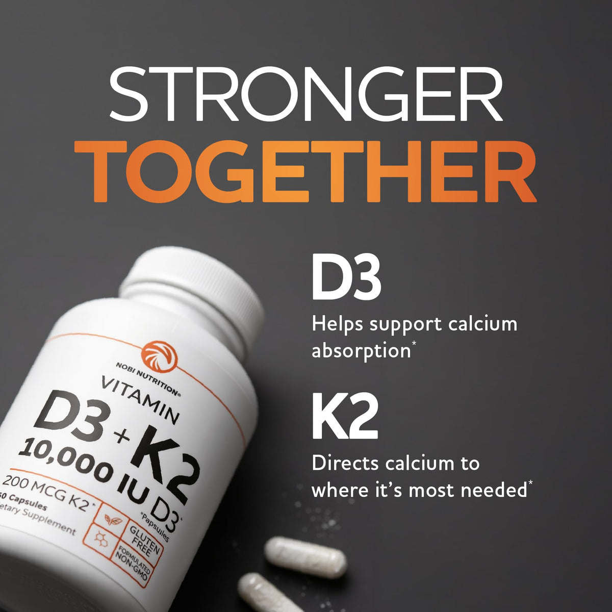 Nobi Nutrition D3 K2 10000 IU 200 mcg capsules sur table