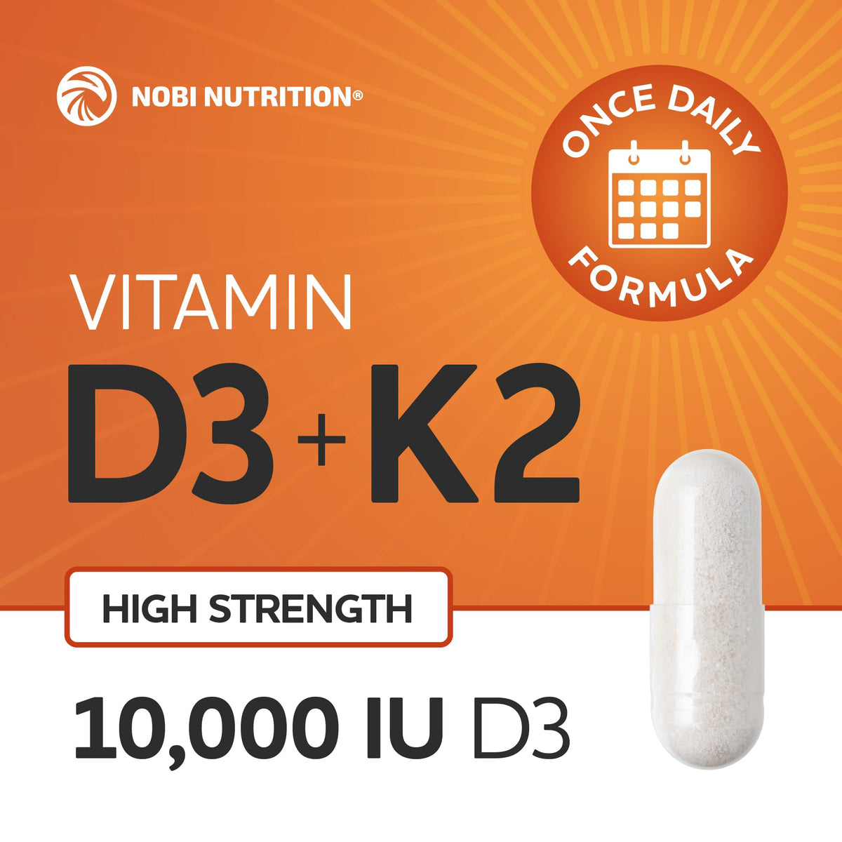 Nobi Nutrition D3 K2 10000 IU 200 mcg capsules vue de côté