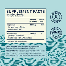 Nobi Nutrition Magnésium Ashwagandha, capsules dans une main