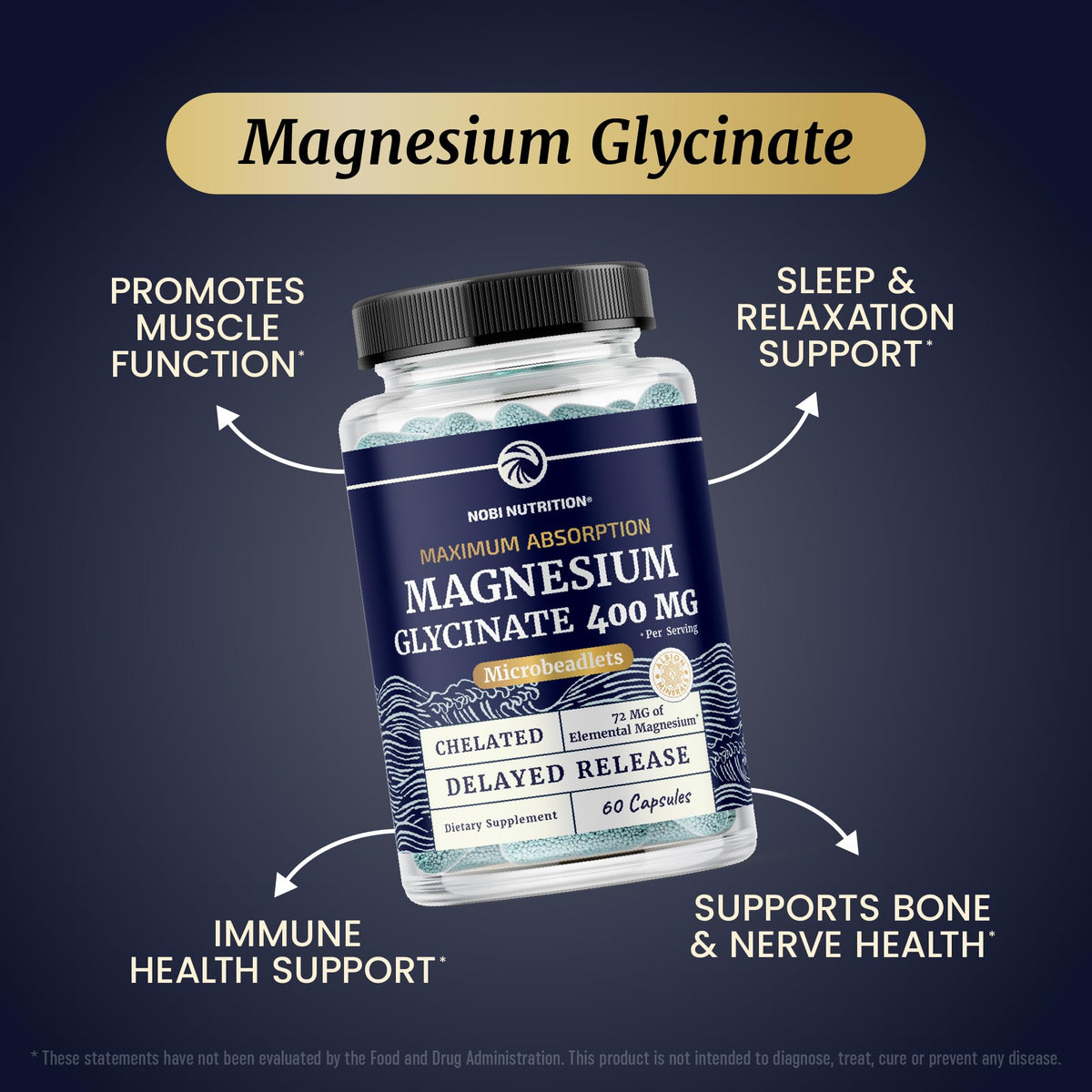 Nobi Nutrition Magnésium Glycinate 400mg, capsules sur un fond blanc