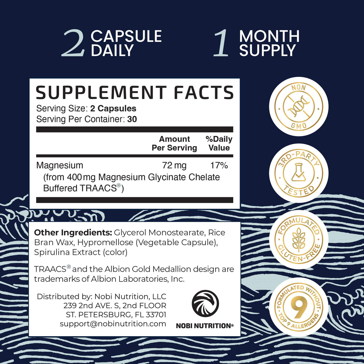 Nobi Nutrition Magnésium Glycinate 400mg, présentation du produit avec un verre d'eau