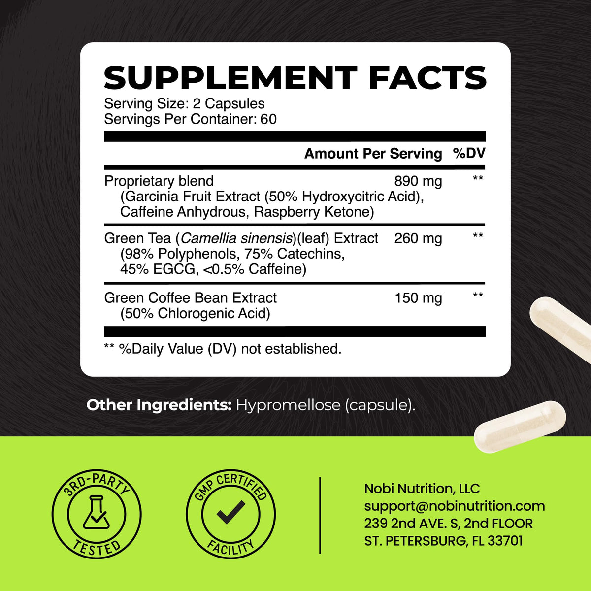 Nobi Nutrition Thé Vert 120 Ct capsules dans une main