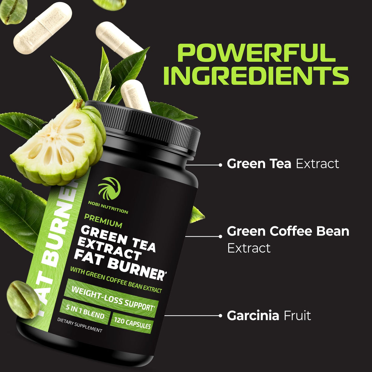 Nobi Nutrition Thé Vert 120 Ct flacon ouvert avec capsules