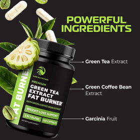 Nobi Nutrition Thé Vert 120 Ct flacon ouvert avec capsules