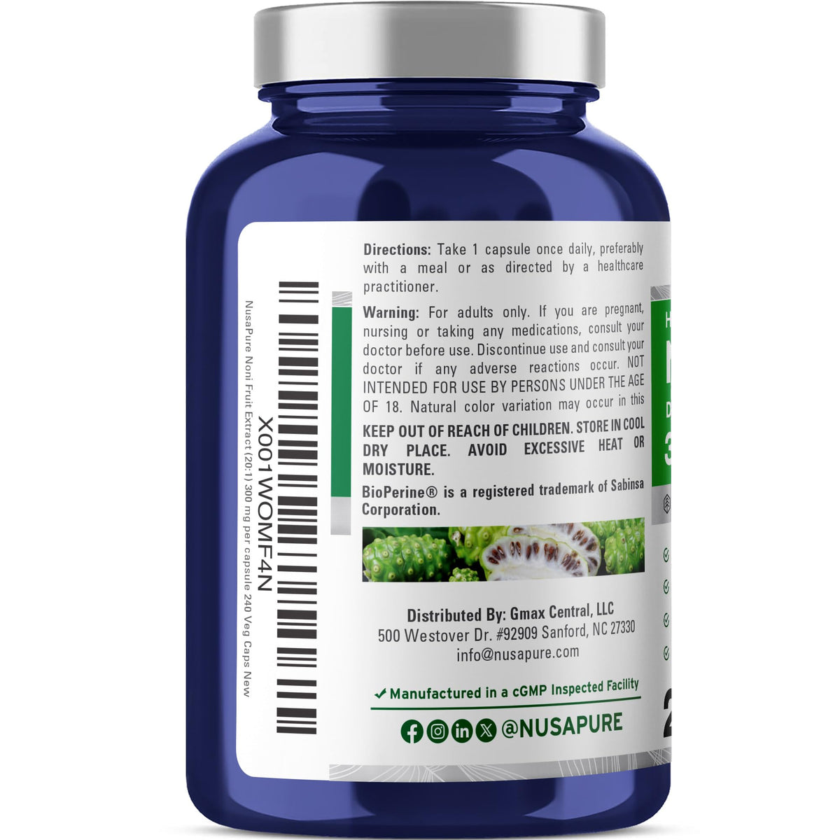 Noni Fruit 300mg capsules avec étiquette visible
